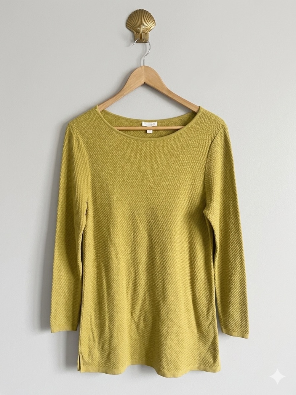 J. Jill Chartreuse Citron Textured Knit Long Sleeve Tunic Sweater M Side Slits